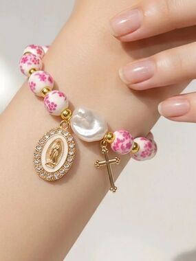 Pink Floral Miraculous Medal Bracelet Catholic Cross Pearl Faith Prayer Jewelry